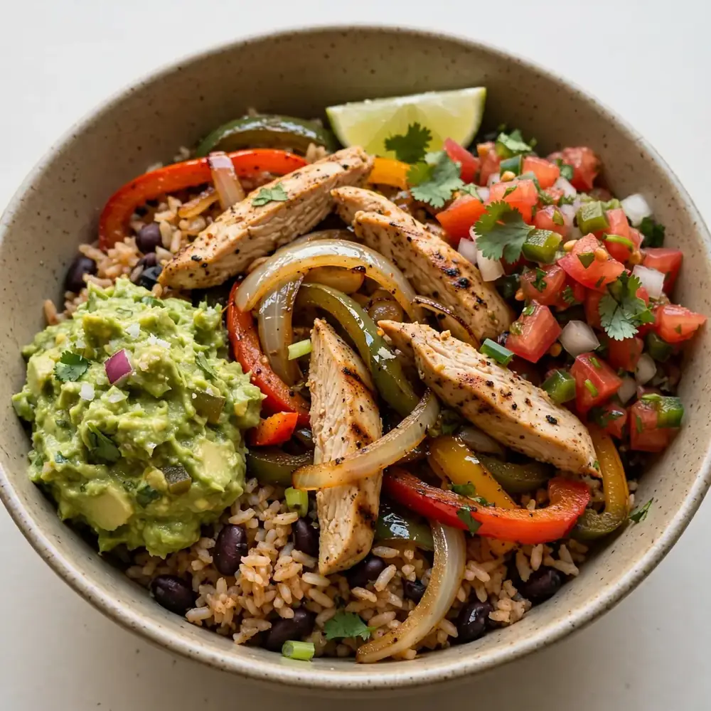Chicken Fajita Bowl with Pico de Gallo and Guacamole