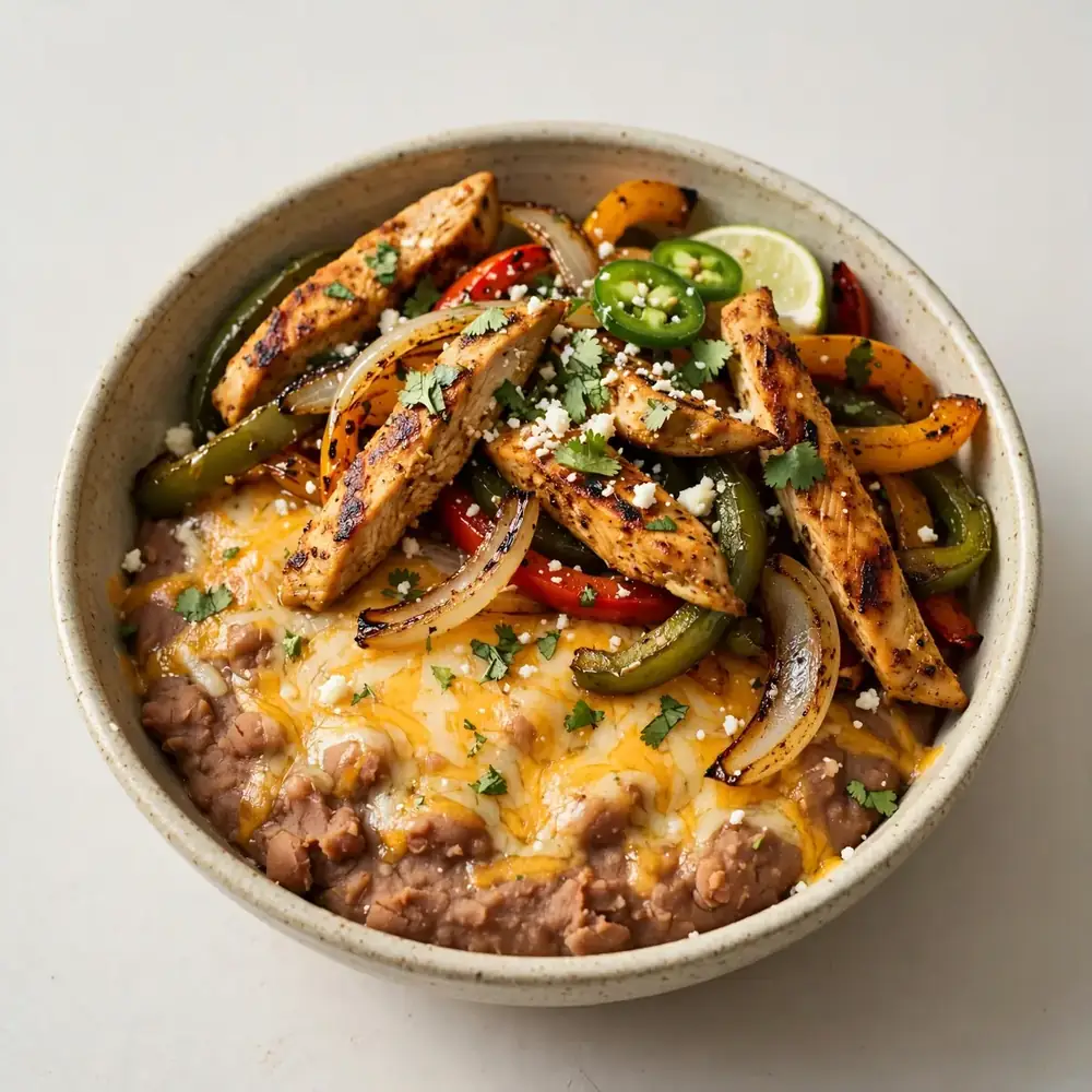 Chicken Fajita Bowl with Refried Beans and Cheese