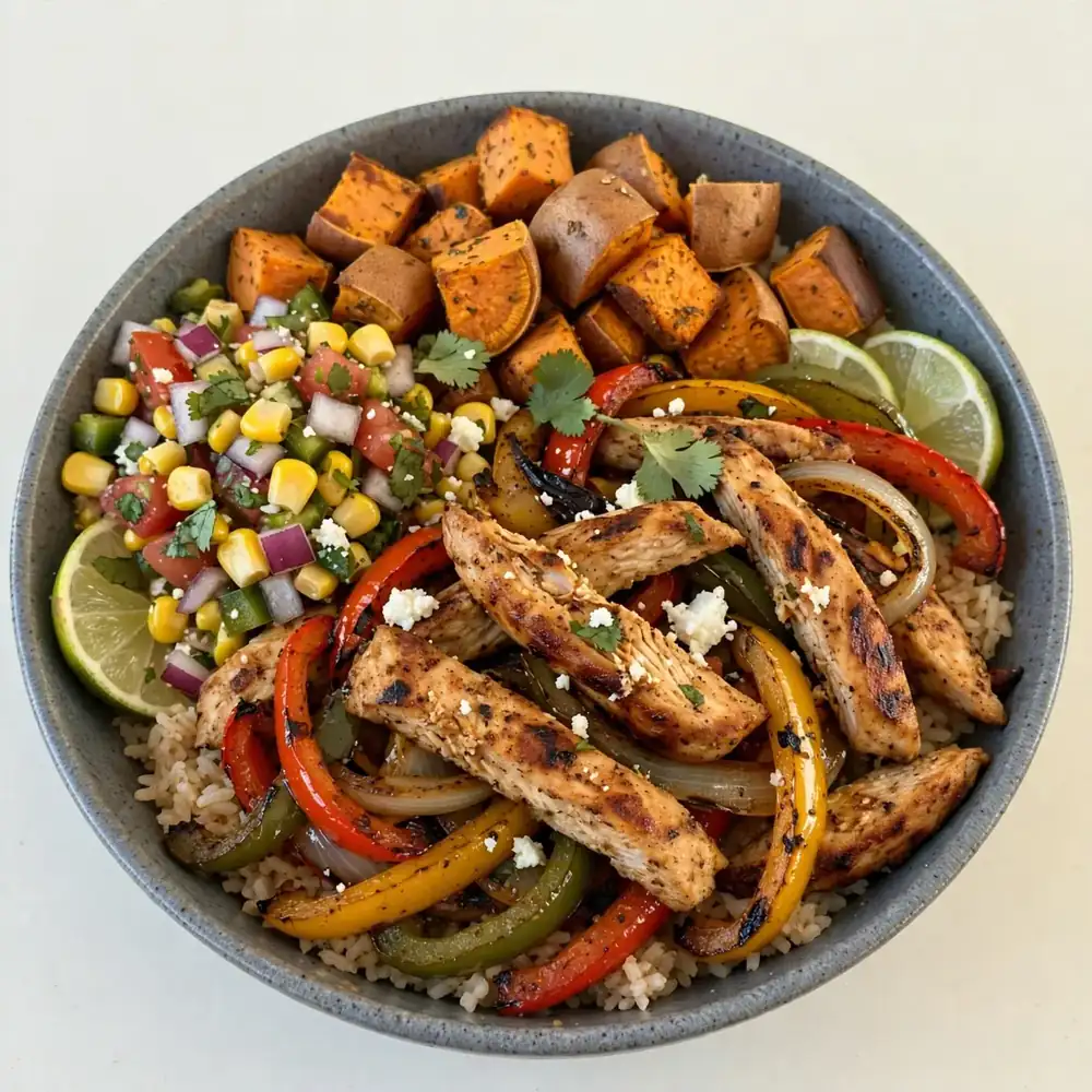 Chicken Fajita Bowl with Sweet Potato and Corn Salsa