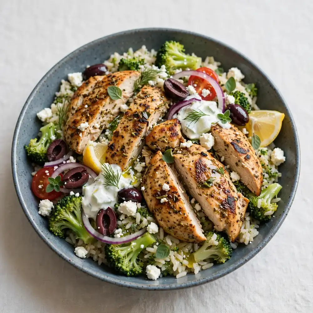 Greek-Style Chicken and Broccoli Rice Bowl