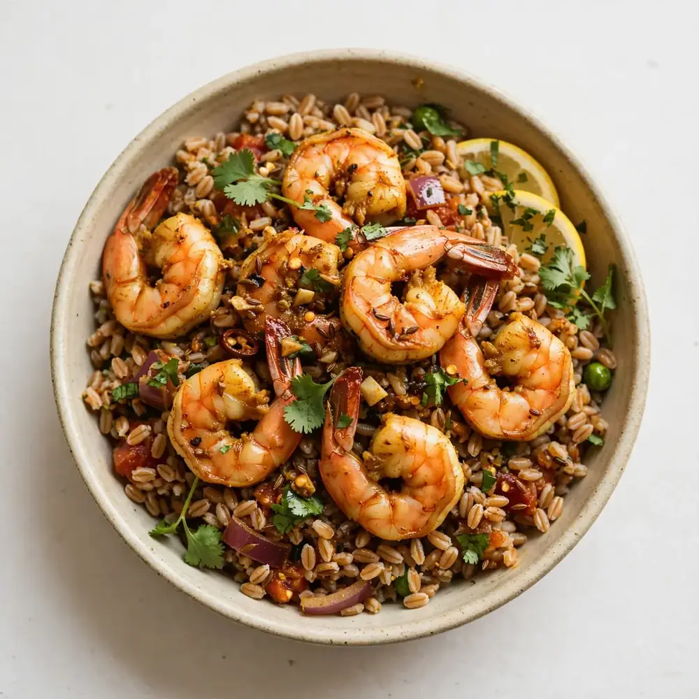 Indian-Style Shrimp and Farro
