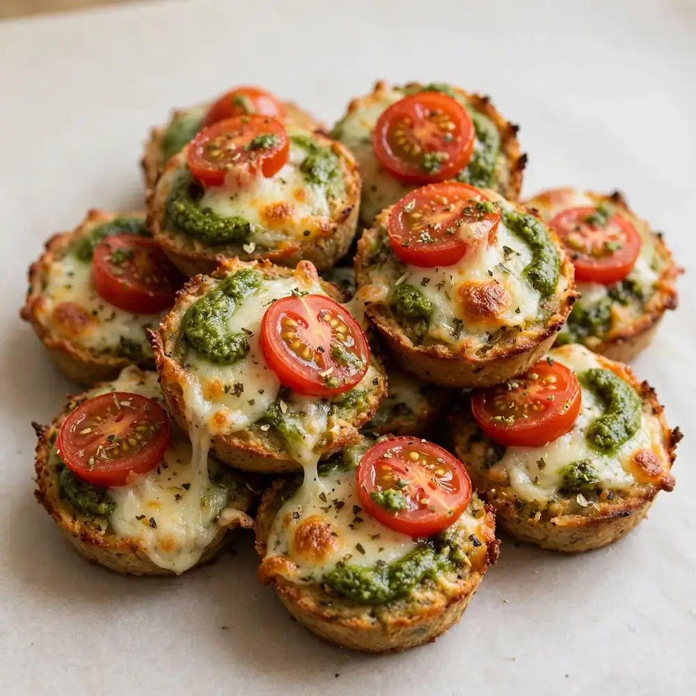 Pesto, Cherry Tomato, and Mozzarella Protein Pizza Bites