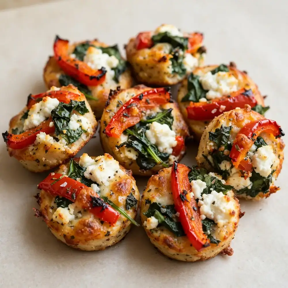 Roasted Pepper, Goat Cheese, and Spinach Protein Pizza Bites