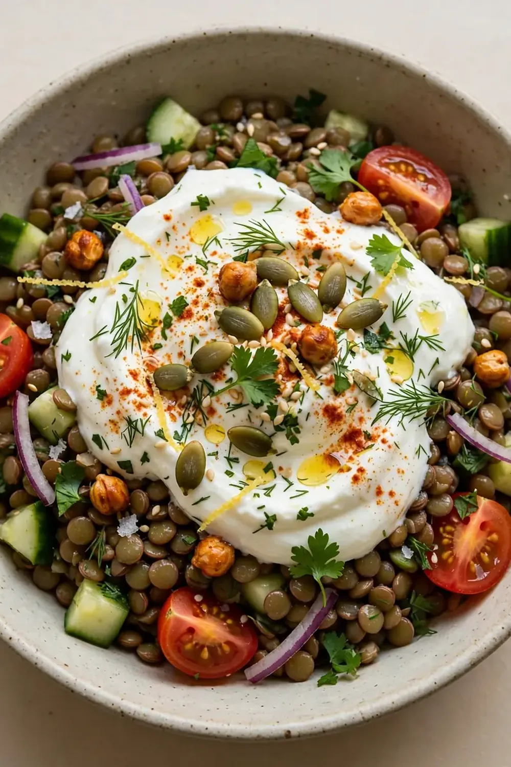 Vegetarian High-Protein Greek Yogurt Lentil Bowl