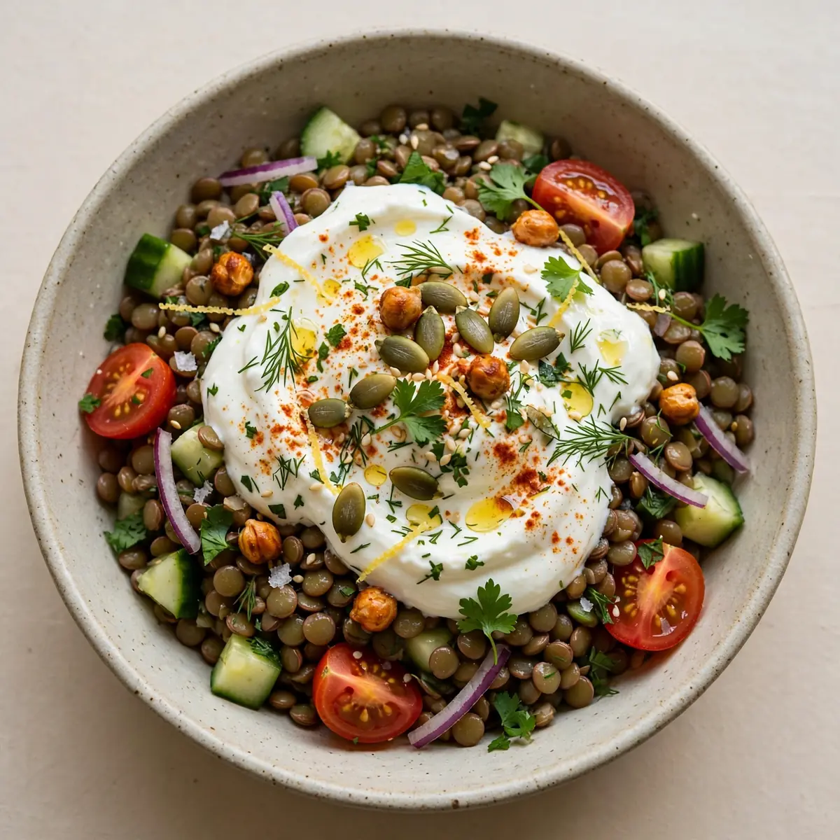 Vegetarian High-Protein Greek Yogurt Lentil Bowl